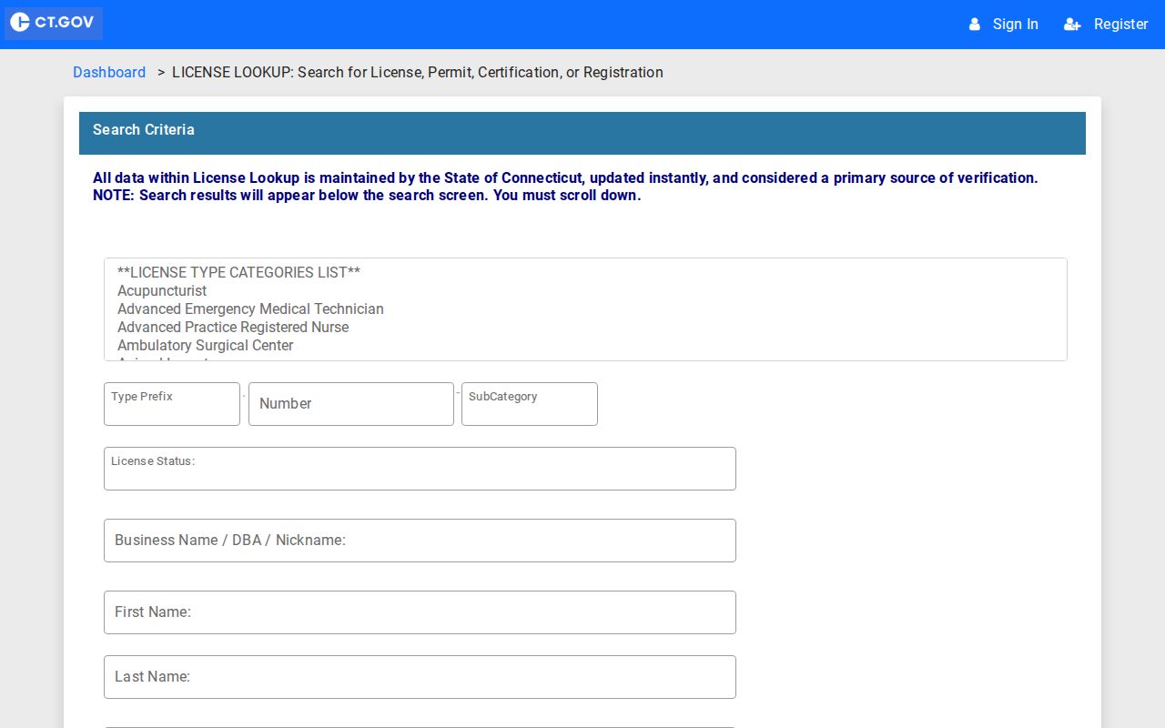 Bloomfield residents directory Connecticut professional license lookup