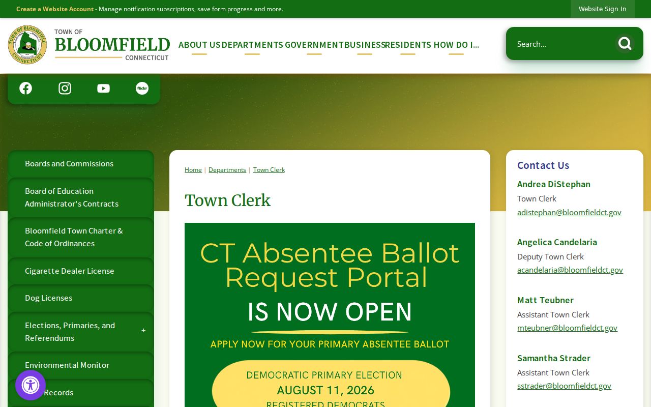 Bloomfield residents directory Town Clerk records access