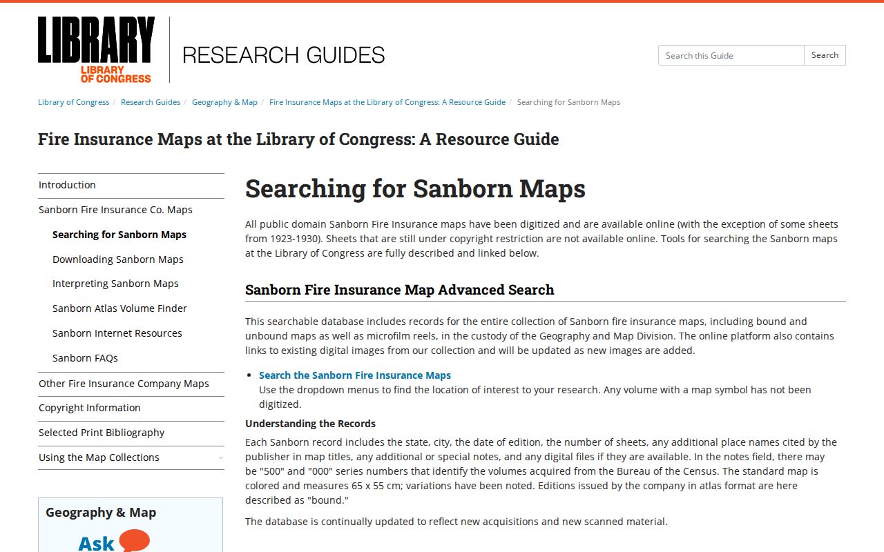 Bloomfield previous residents Library of Congress Sanborn research guide
