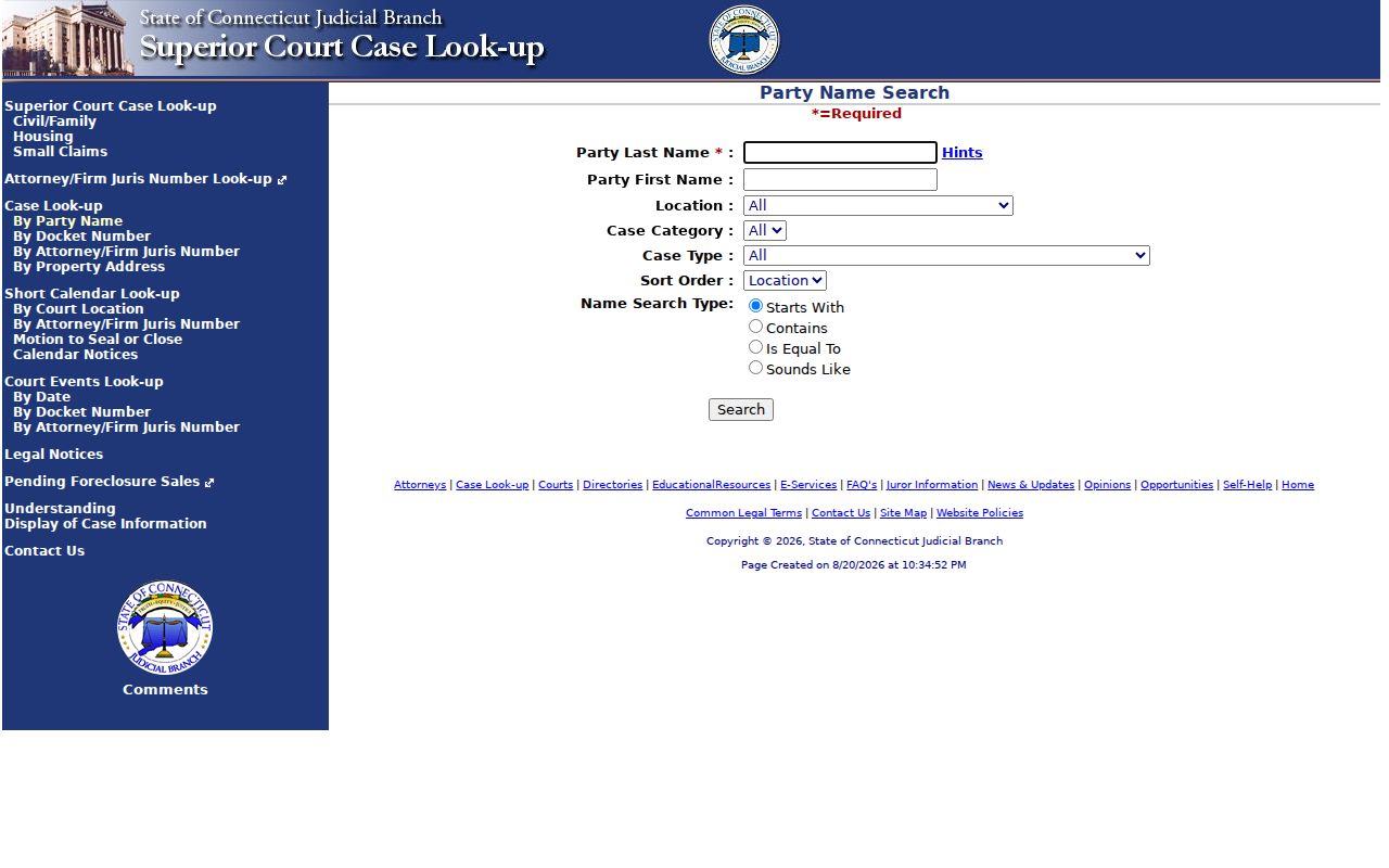 Bloomfield resident lookup through the Connecticut civil party search