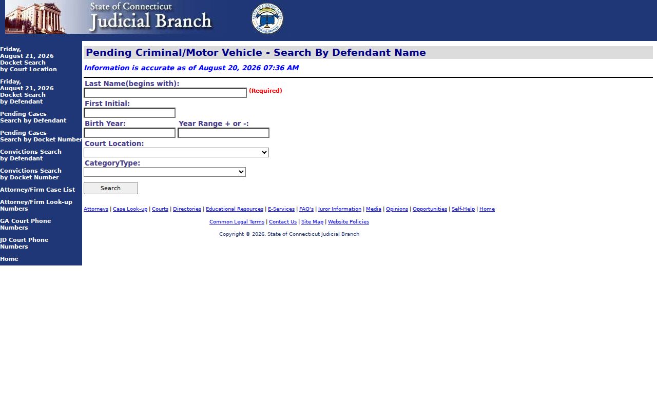 Bloomfield resident lookup through the Connecticut criminal docket search