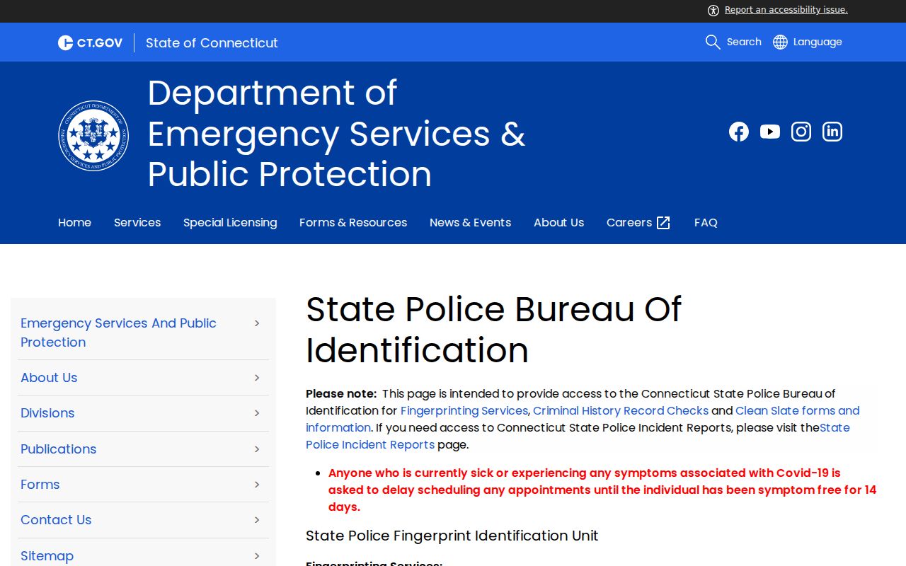 Bloomfield resident lookup through the Connecticut State Police records route