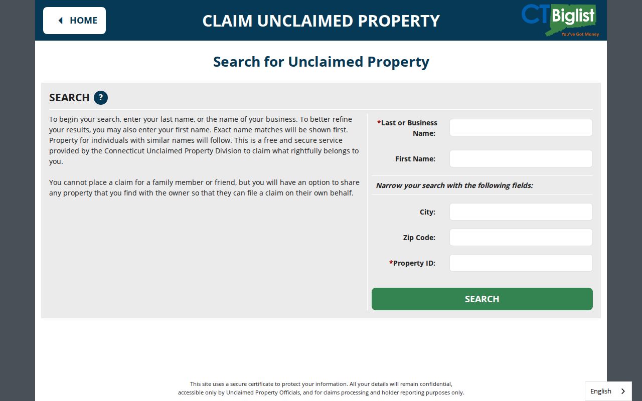 Bloomfield resident lookup using the Connecticut unclaimed property search