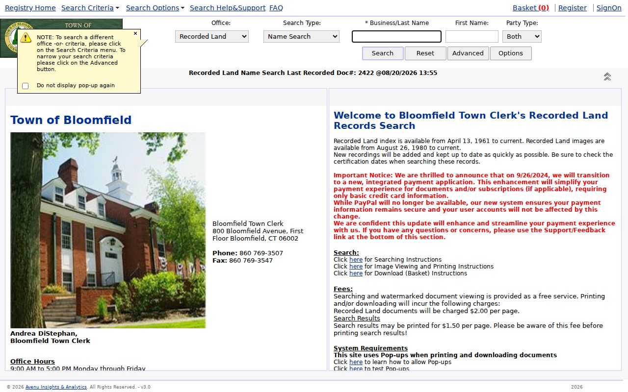 Bloomfield street directory recorded land deed index