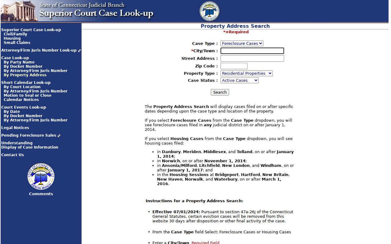 Bloomfield ZIP code directory view of Connecticut civil property address search