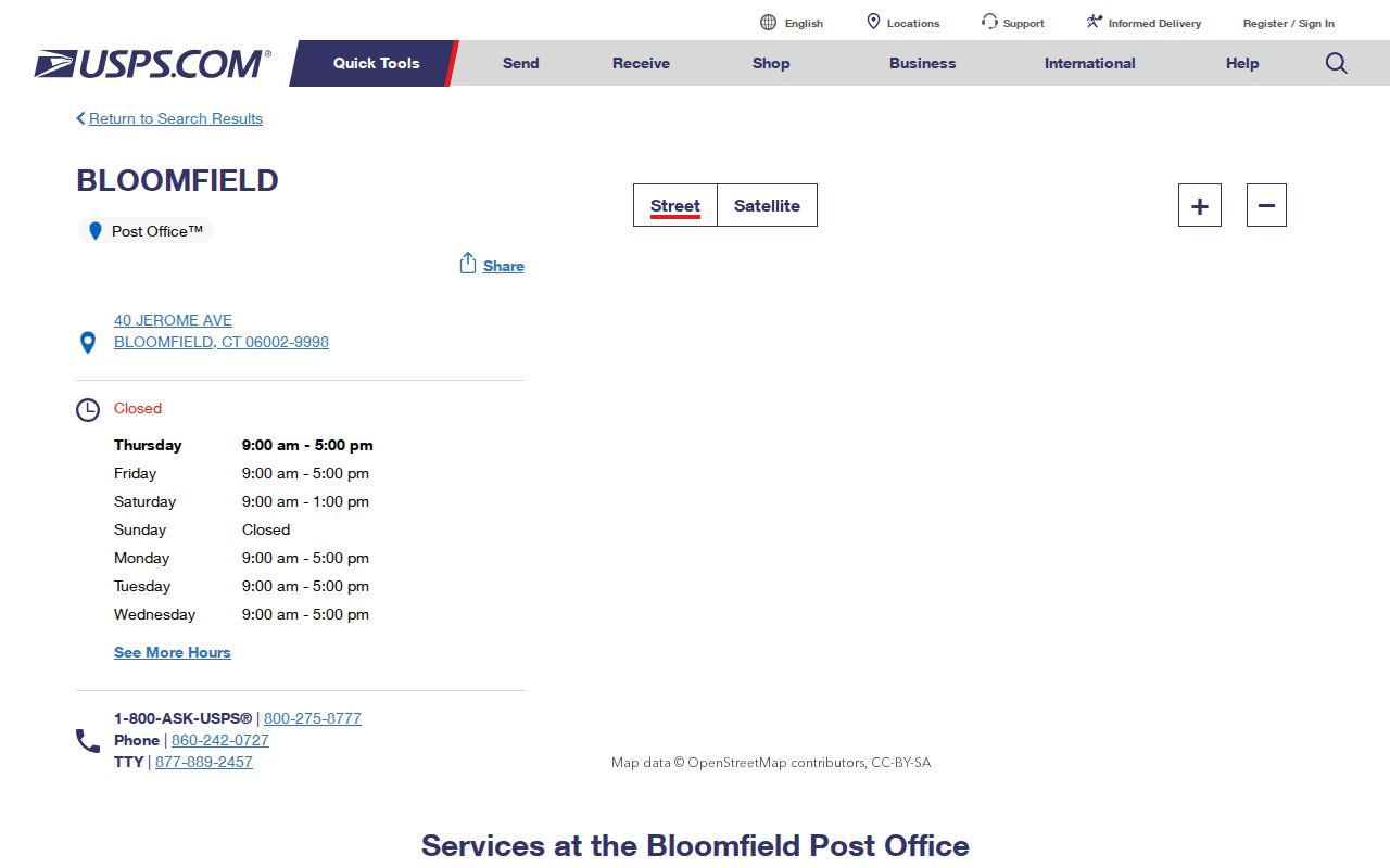 Bloomfield ZIP code directory view of the Bloomfield Post Office